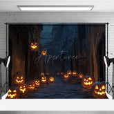 Aperturee - Aperturee Spooky Jack-o’-lantern Alley Photography Backdrop Dark Cobblestone Street Haunted Village Halloween Photos